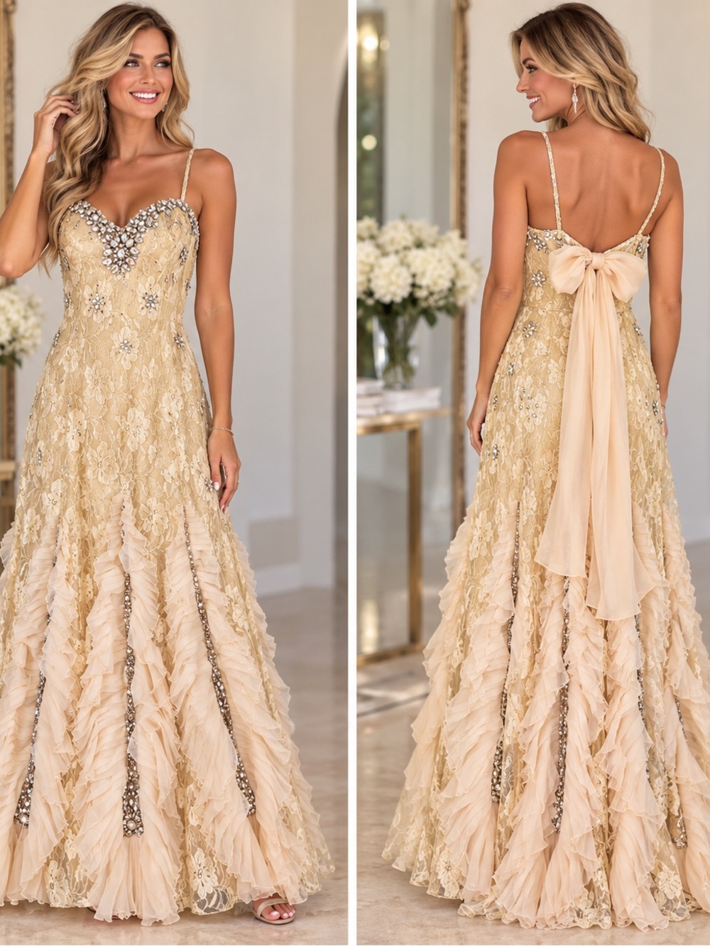 Elegant Gold Lace Evening Gown with Bow Back